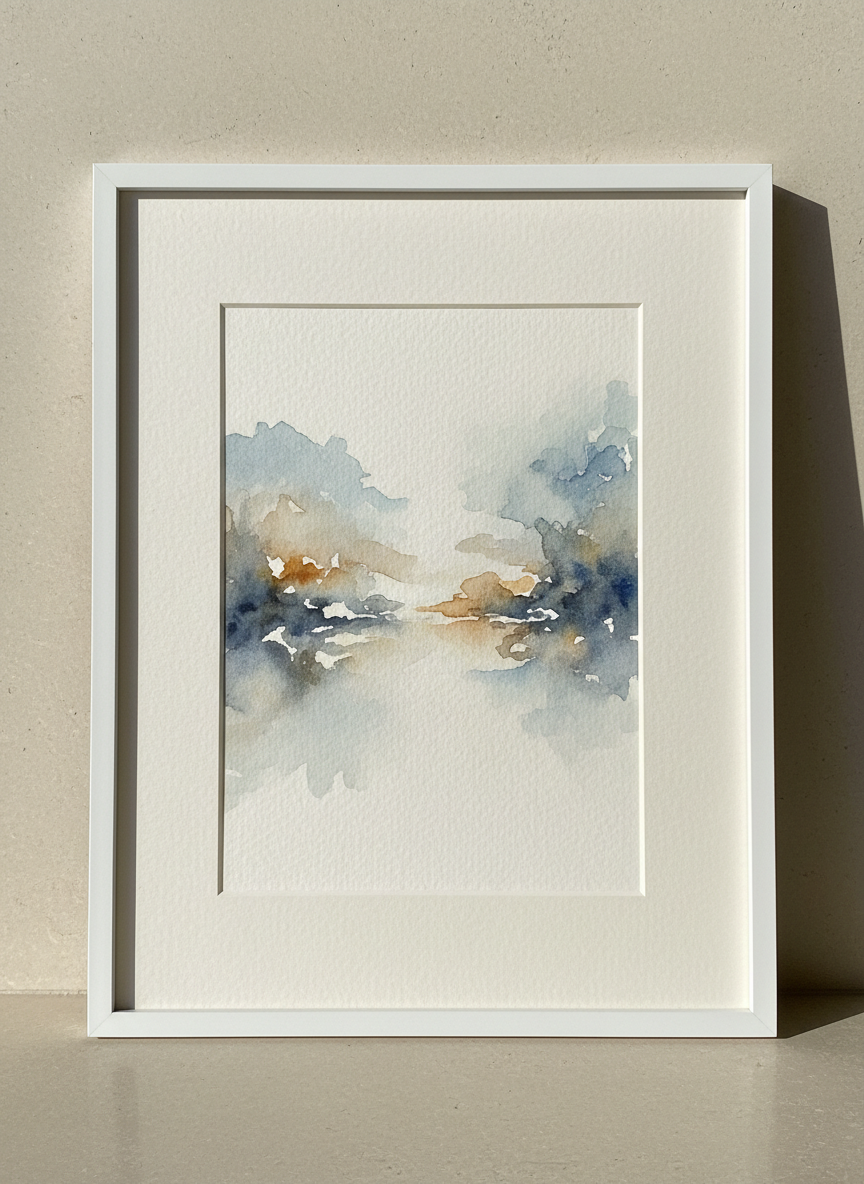 An elegant close-up of a single finished watercolor painting depicting an abstract, dreamlike landscape in muted blues, soft grays, and warm ochres, the pigments pooling and feathering delicately into the textured surface of fine art paper. The artwork is framed in a slim, matte white frame with a generous off-white passe-partout, resting against a smooth, light stone wall. Soft, diffused afternoon light from an unseen side window grazes the surface, emphasizing the paper’s grain and the transparency of the washes. Photographic realism with a centered, straight-on composition and sharp focus, minimal background distractions, and a serene, gallery-like mood that feels refined, contemplative, and sophisticated.